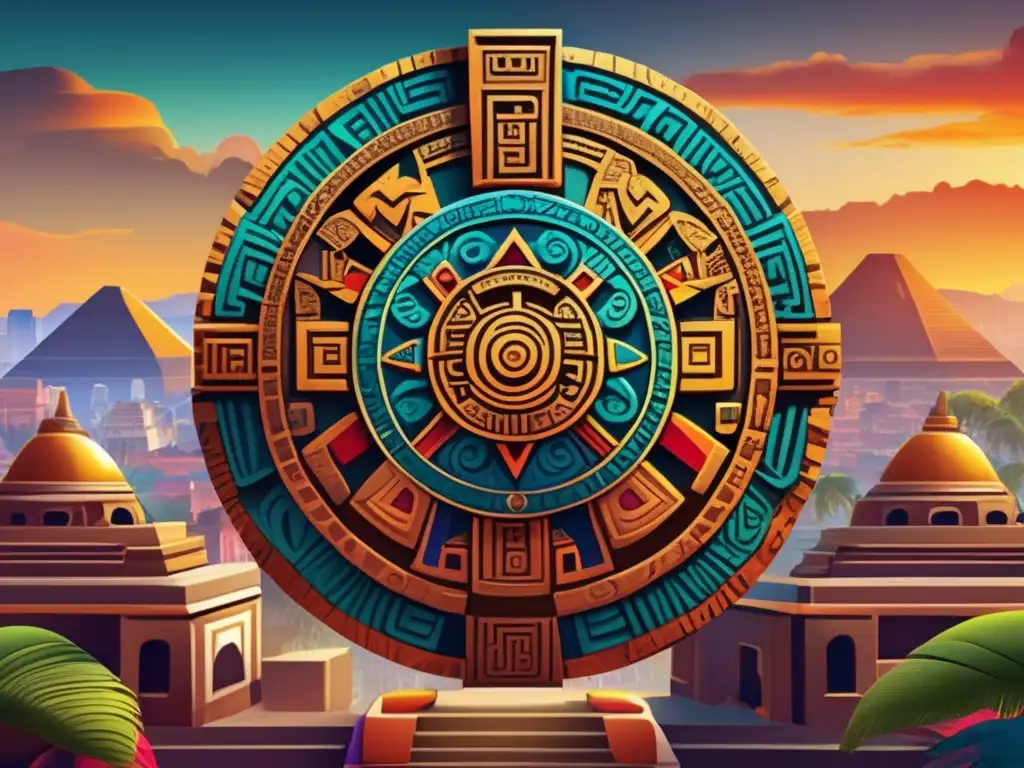 Un vibrante y moderno dibujo digital del icónico calendario azteca, con detalles intrincados y colores vibrantes, enmarcado por antiguos templos y el horizonte de la ciudad moderna, simbolizando el perdurable legado e influencia del Imperio Azteca en la cultura y sociedad contemporánea