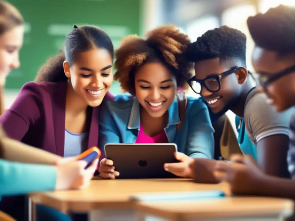 Un vibrante y moderno grupo de estudiantes diversos disfrutan de los beneficios del MLearning en educación