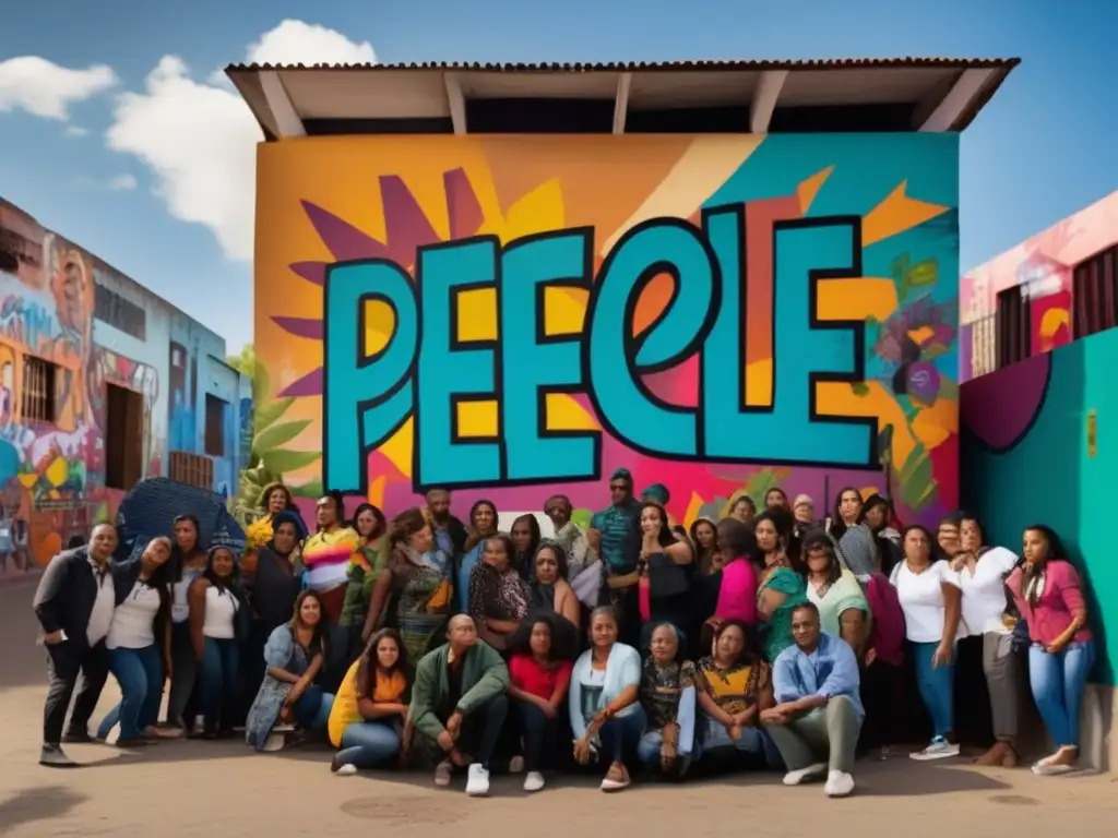 Un vibrante mural de graffiti en una ciudad latinoamericana, con personas participando en actividades comunitarias