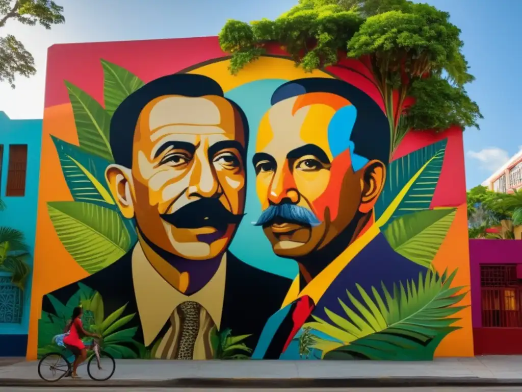 Un vibrante mural de escritores latinoamericanos como José Martí y Eduardo Galeano, rodeado de exuberante vegetación y arte callejero colorido