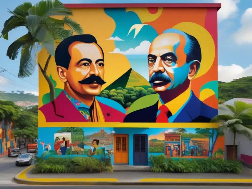 Un vibrante mural moderno que representa a destacados ensayistas latinoamericanos como José Martí y Eduardo Galeano, con imágenes coloridas y detalladas que capturan la importancia del ensayo en Latinoamérica