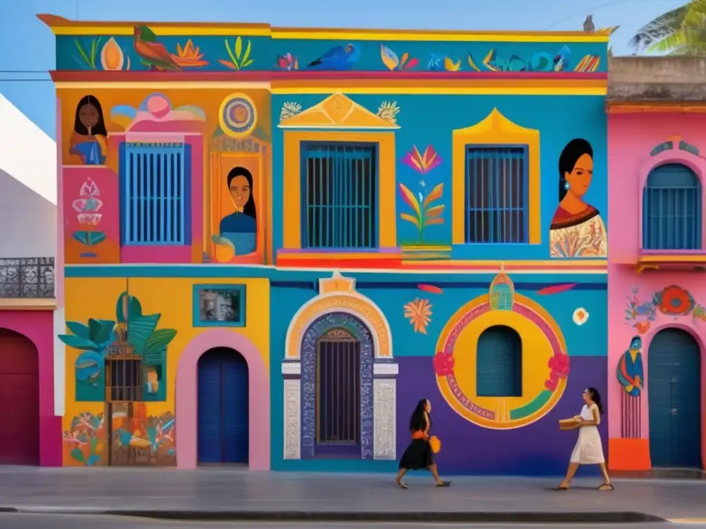 Vibrante mural urbano en ciudad latinoamericana, destaca a figuras literarias femeninas