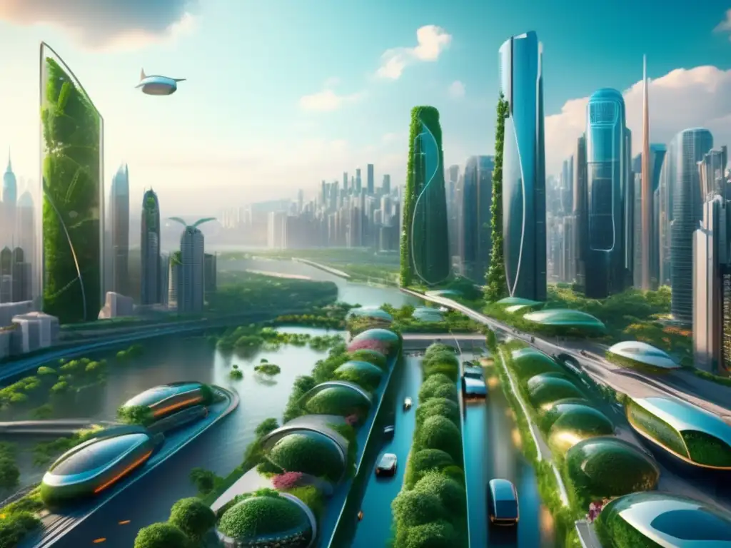 Un vibrante paisaje urbano futurista en 8k, con rascacielos reciclados y rodeado de exuberante vegetación