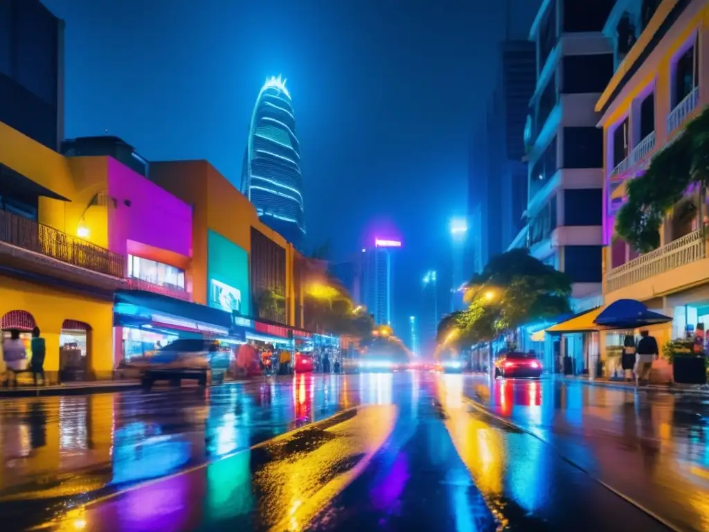 Un vibrante paisaje urbano latinoamericano de noche, con luces coloridas iluminando las calles mojadas por la lluvia