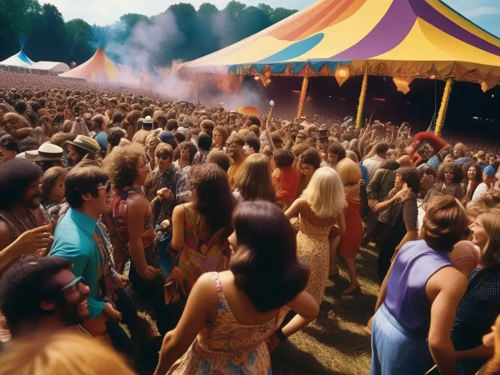 Una fotografía vibrante y de alta resolución del abarrotado festival de Woodstock, capturando la esencia del movimiento contracultural de la década de los 60 en América