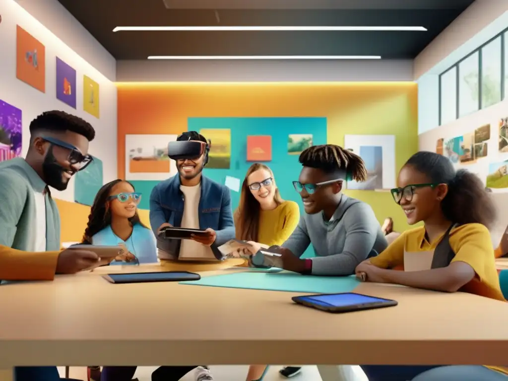 Transformación educativa: Realidad aumentada en la clase de arte Un vibrante salón de clases donde estudiantes de diversas culturas experimentan la Realidad Aumentada en su clase de Arte y Diseño