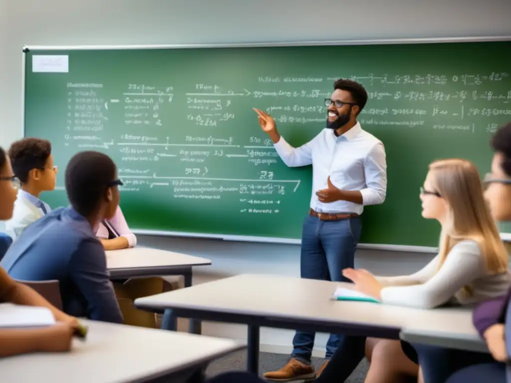 Un vibrante salón de clases moderno con un pizarrón lleno de ecuaciones complejas sobre teoría de números