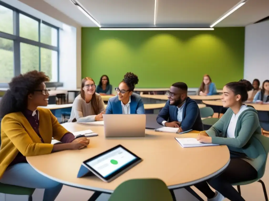 Una vibrante tutoría académica donde estudiantes desarrollan habilidades metacognitivas en un aula moderna y colaborativa