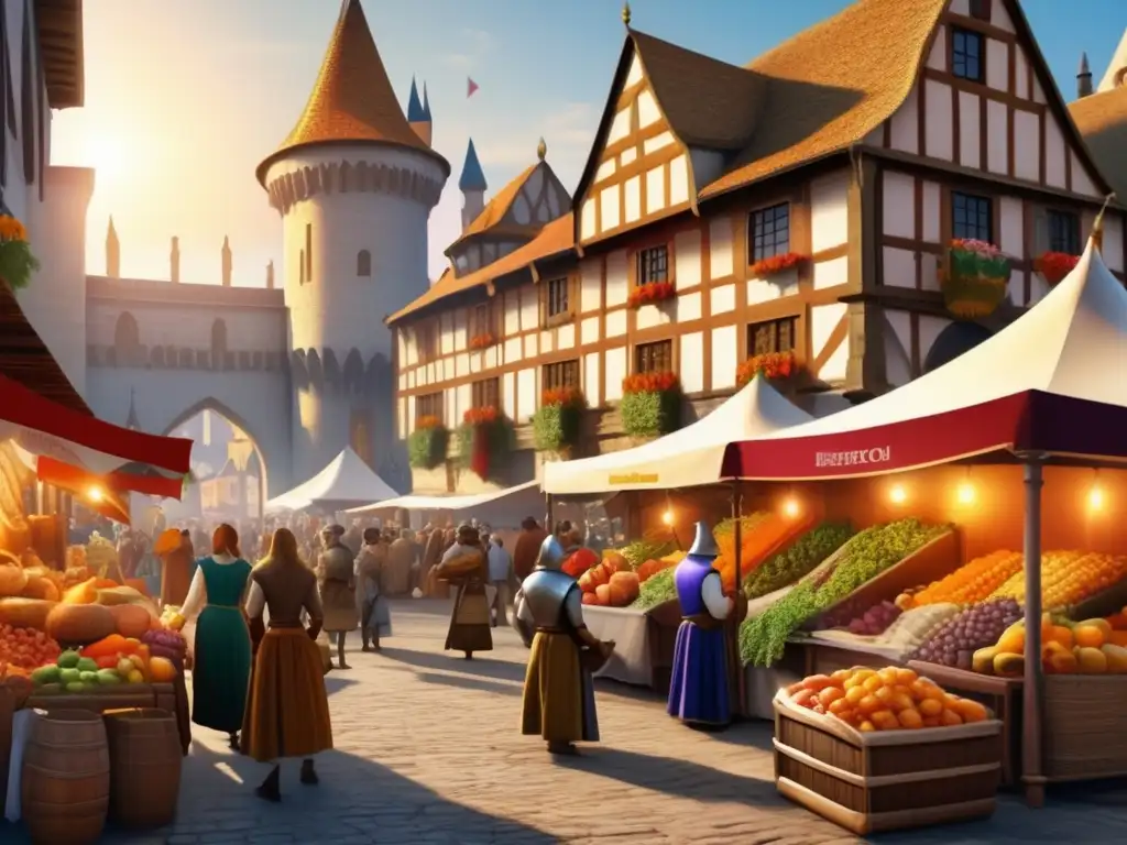 Vida cotidiana en Europa Medieval: Mercado bullicioso con mercaderes, caballeros y campesinos, frutas, verduras y textiles coloridos