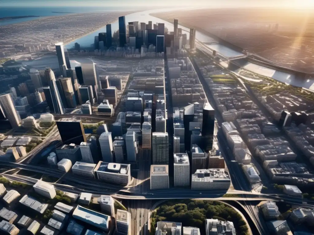 Vista aérea de una ciudad bulliciosa con un entramado de calles, edificios e infraestructura