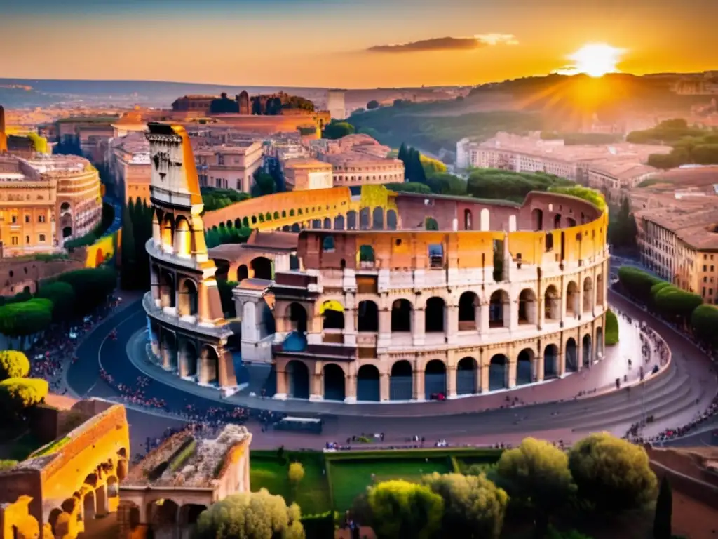 Una vista aérea del Coliseo Romano al atardecer, resaltando su grandiosidad y la influencia cultural del Imperio Romano en Europa