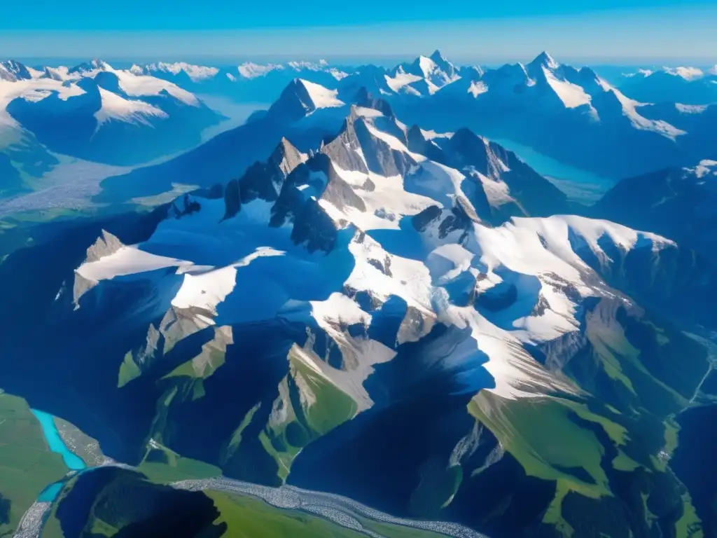 Una vista aérea impresionante de los Alpes Europeos con picos nevados y glaciares brillando bajo el sol, contrastando con un valle exuberante