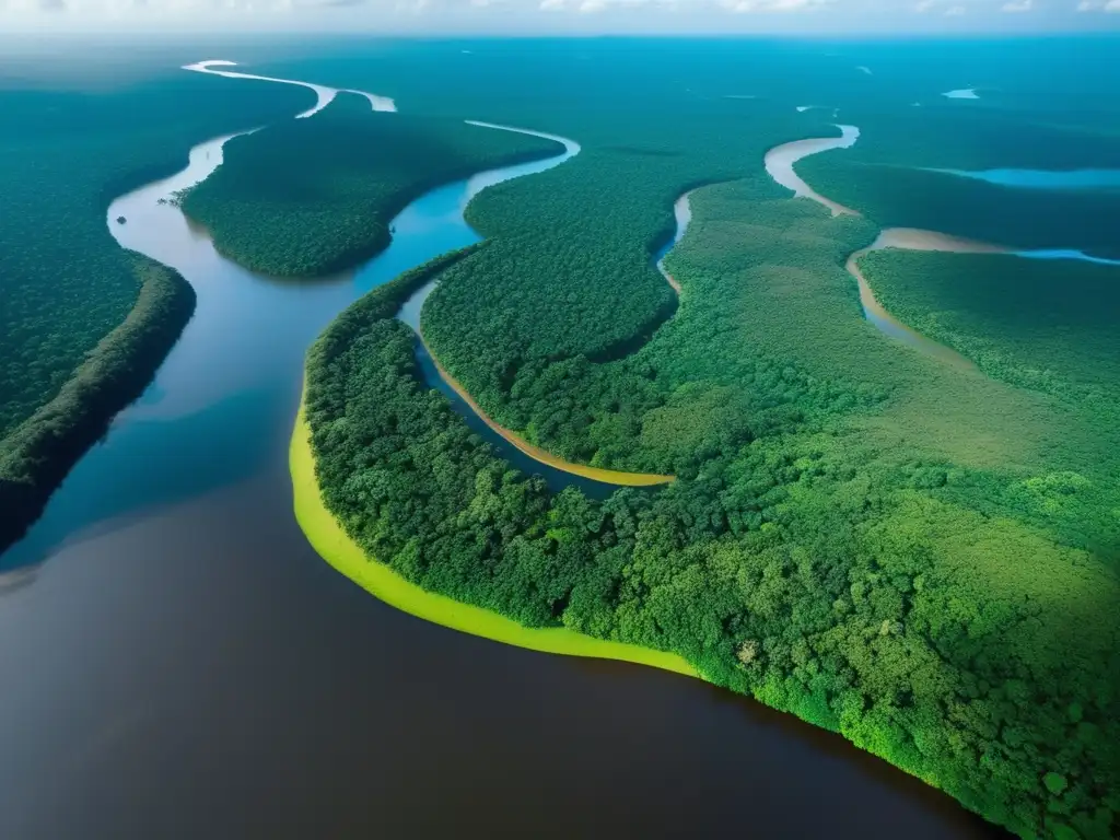 Una vista aérea impresionante de la exuberante selva amazónica, con un río serpenteante y luz filtrándose entre el dosel