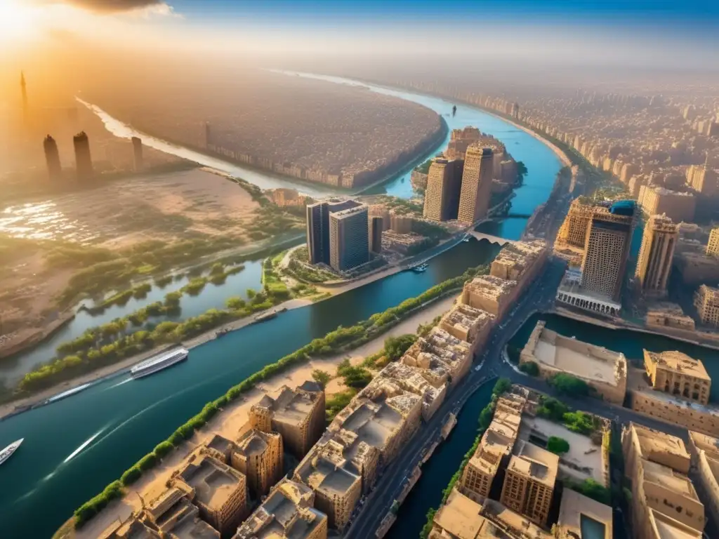 Una vista aérea impresionante de El Cairo con el majestuoso río Nilo serpenteando entre el paisaje urbano