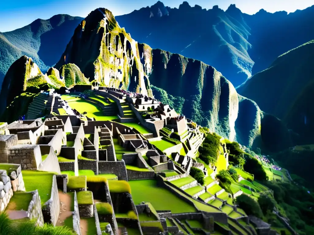 Una vista impactante de las impresionantes estructuras de piedra en Machu Picchu, reflejando la ingeniería y sociedad en el imperio Inca