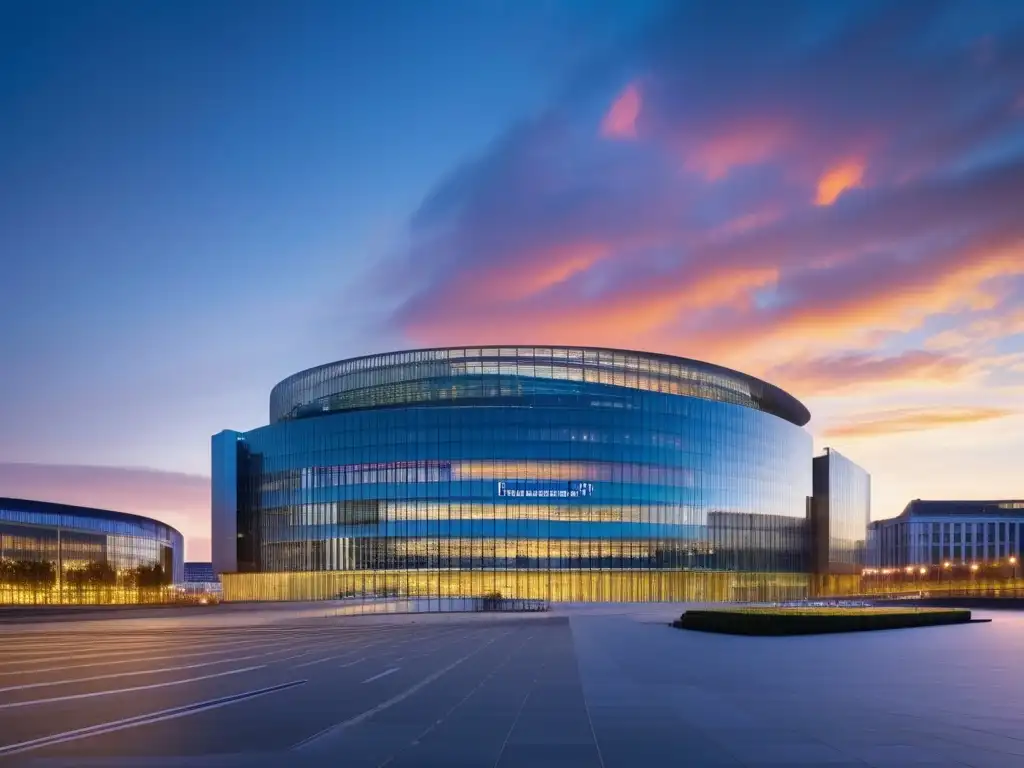 Vista impresionante del Parlamento Europeo en Bruselas al atardecer, destacando la arquitectura moderna y el paisaje urbano