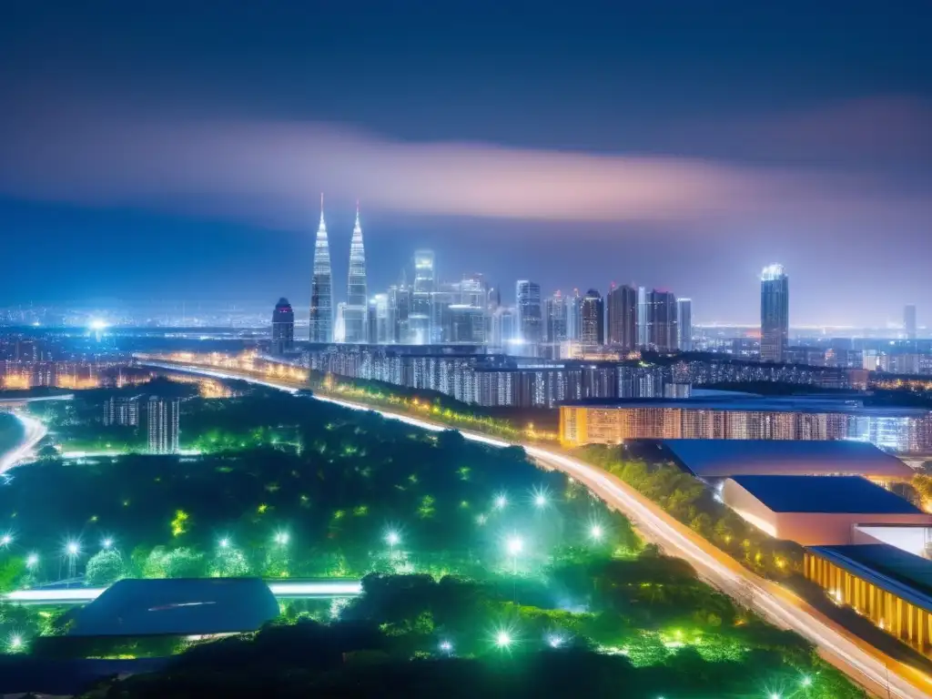 Vista nocturna de una ciudad moderna con edificios energéticamente eficientes y áreas verdes, resaltando los beneficios de la conservación de energía