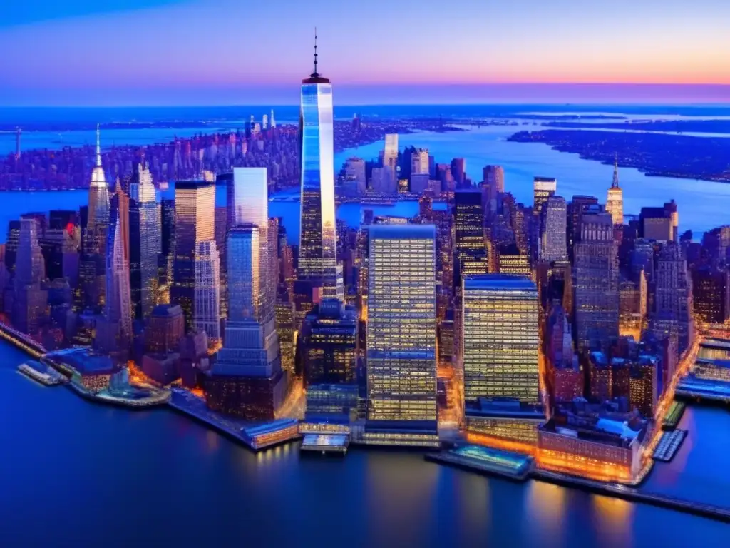 Una vista panorámica aérea del horizonte de la ciudad de Nueva York al anochecer, con el One World Trade Center iluminado en el centro, proyectando un resplandor radiante contra el cielo azul profundo