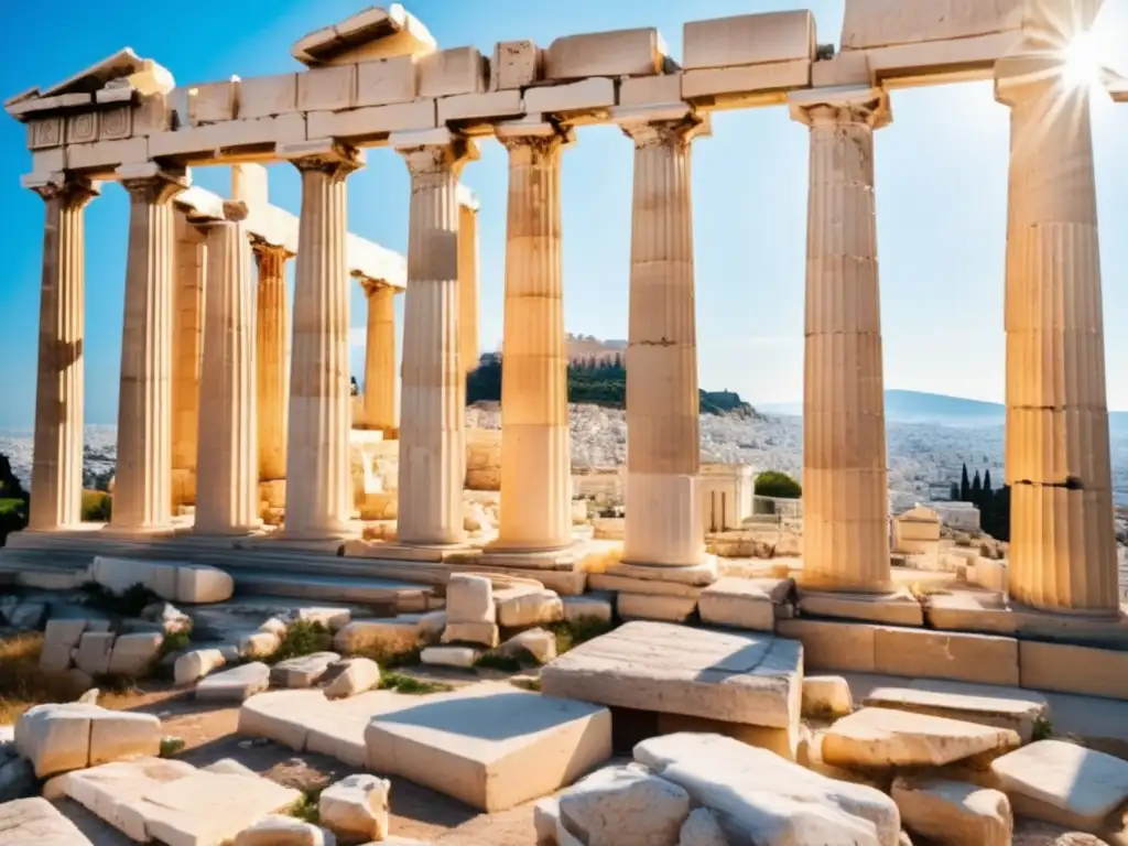 Una vista panorámica de las antiguas ruinas de la Acrópolis en Atenas, Grecia, con el Partenón destacando majestuosamente contra un cielo azul claro