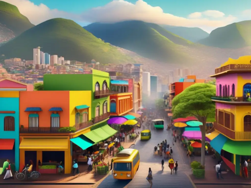 Vista panorámica de una bulliciosa ciudad latinoamericana, con edificios coloridos y una mezcla de arquitectura moderna y antigua