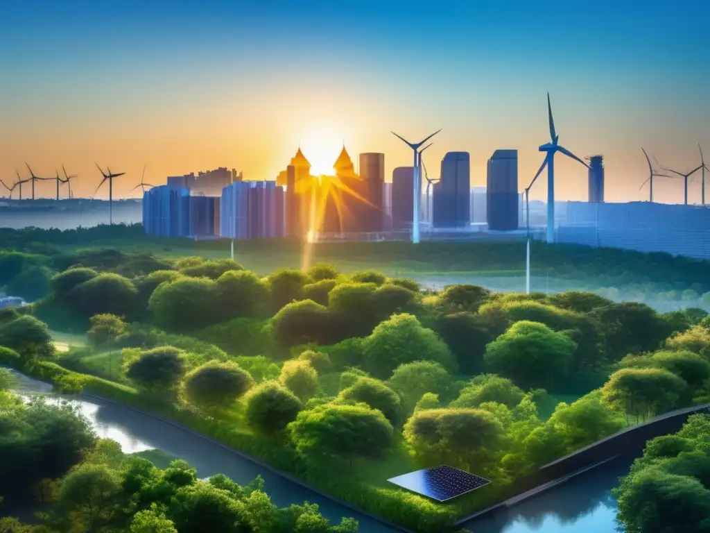 Vista panorámica de una ciudad moderna, con vegetación, paneles solares y turbinas eólicas en los edificios, transmitiendo la armonía entre la urbanización y la naturaleza