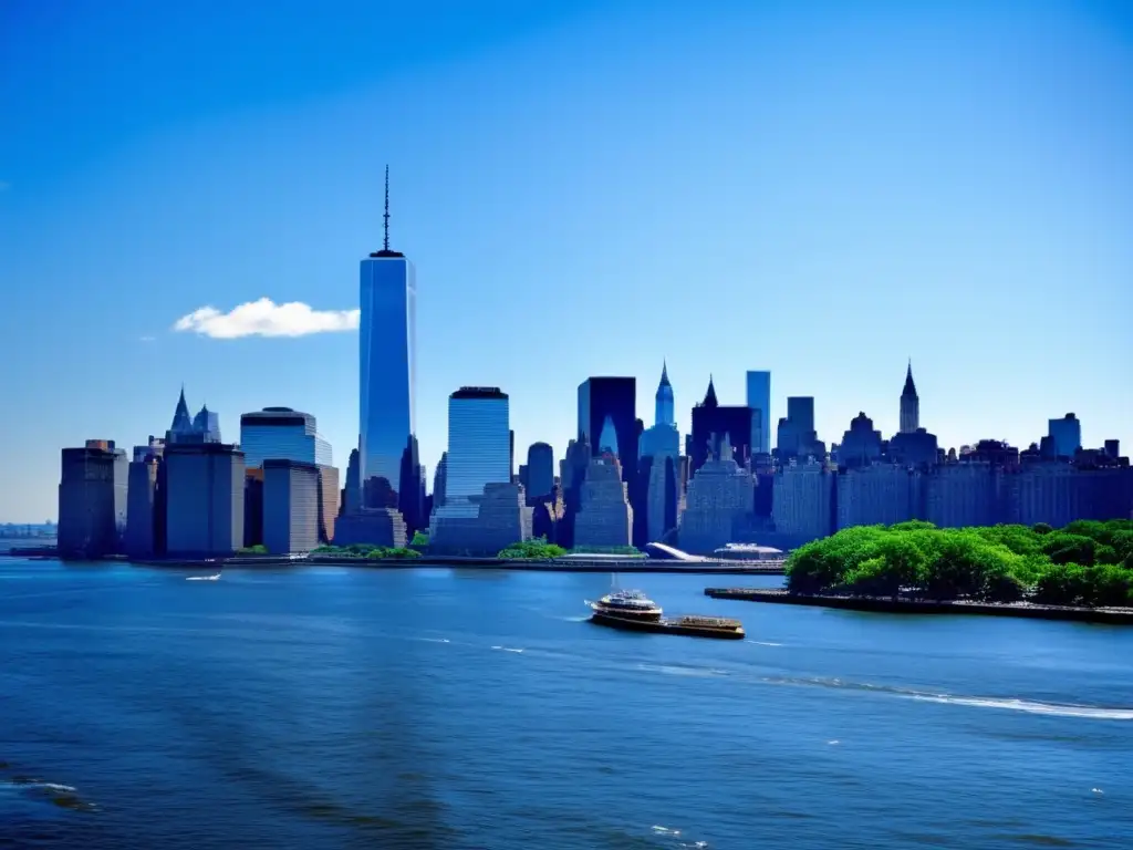 Una vista panorámica del horizonte de la ciudad de Nueva York con las torres gemelas del World Trade Center en un día soleado y despejado