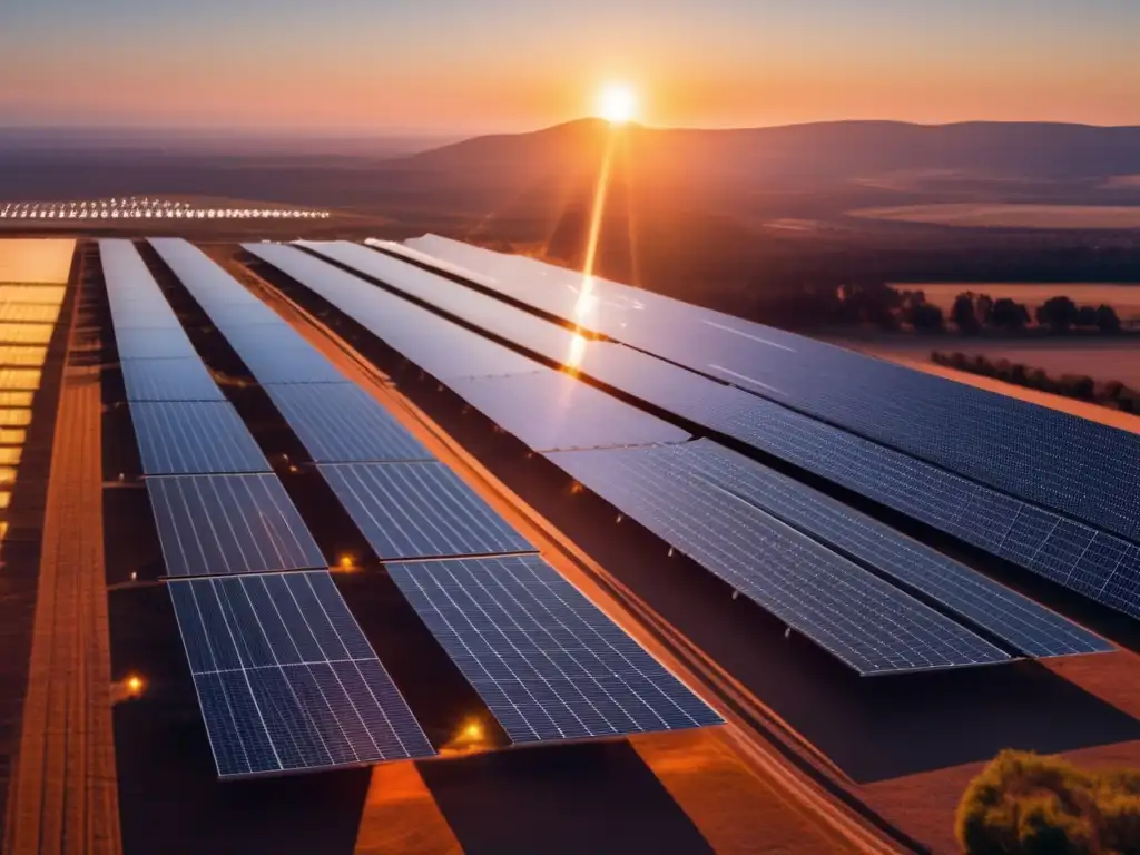 Vista panorámica de una moderna planta de energía solar al atardecer, con paneles solares relucientes y el cálido resplandor del sol