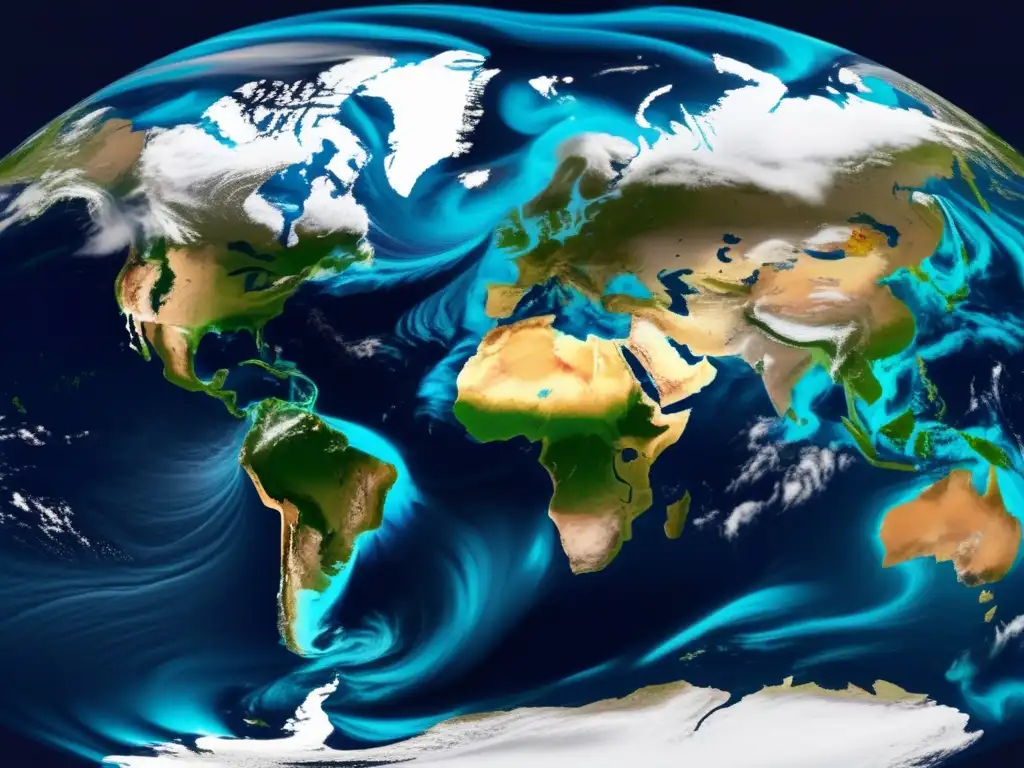 Una vista satelital de la atmósfera terrestre con patrones intrincados de nubes y corrientes de aire