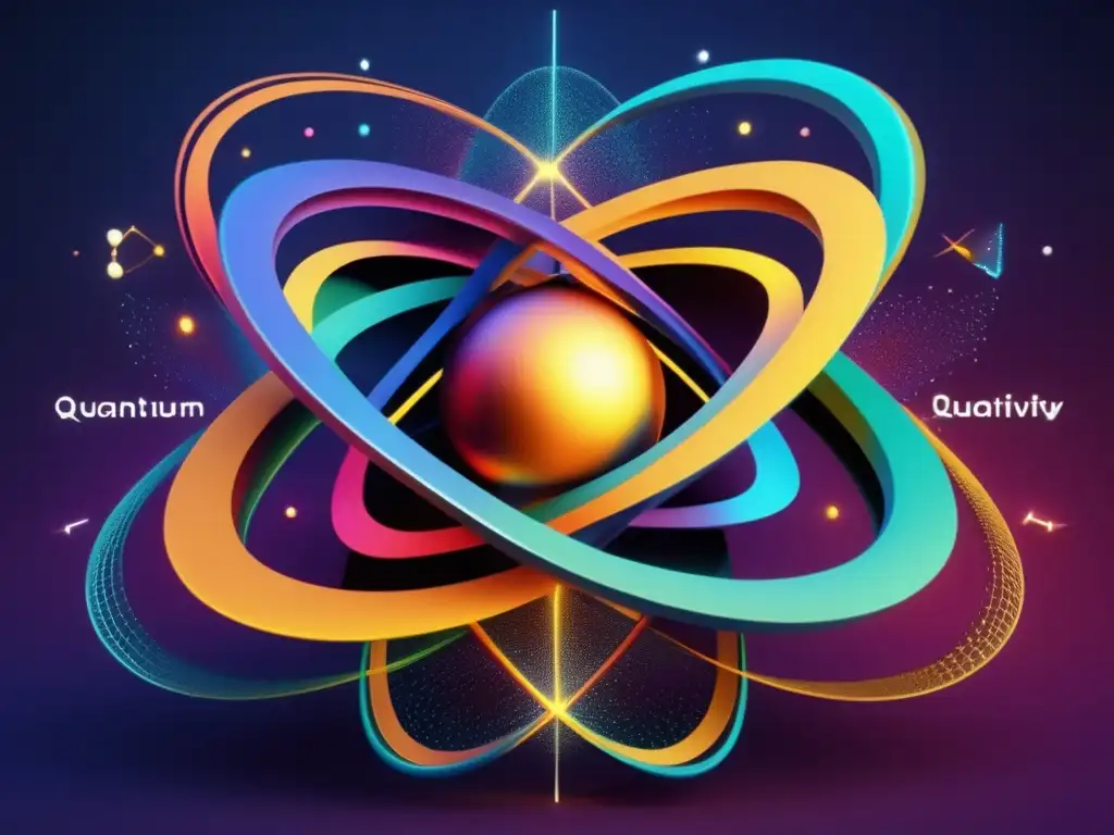 Una visualización impresionante de la relación entre la Mecánica Cuántica y la Teoría de la Relatividad, con colores vibrantes y contrastantes que resaltan la compleja relación entre ambas teorías fundamentales